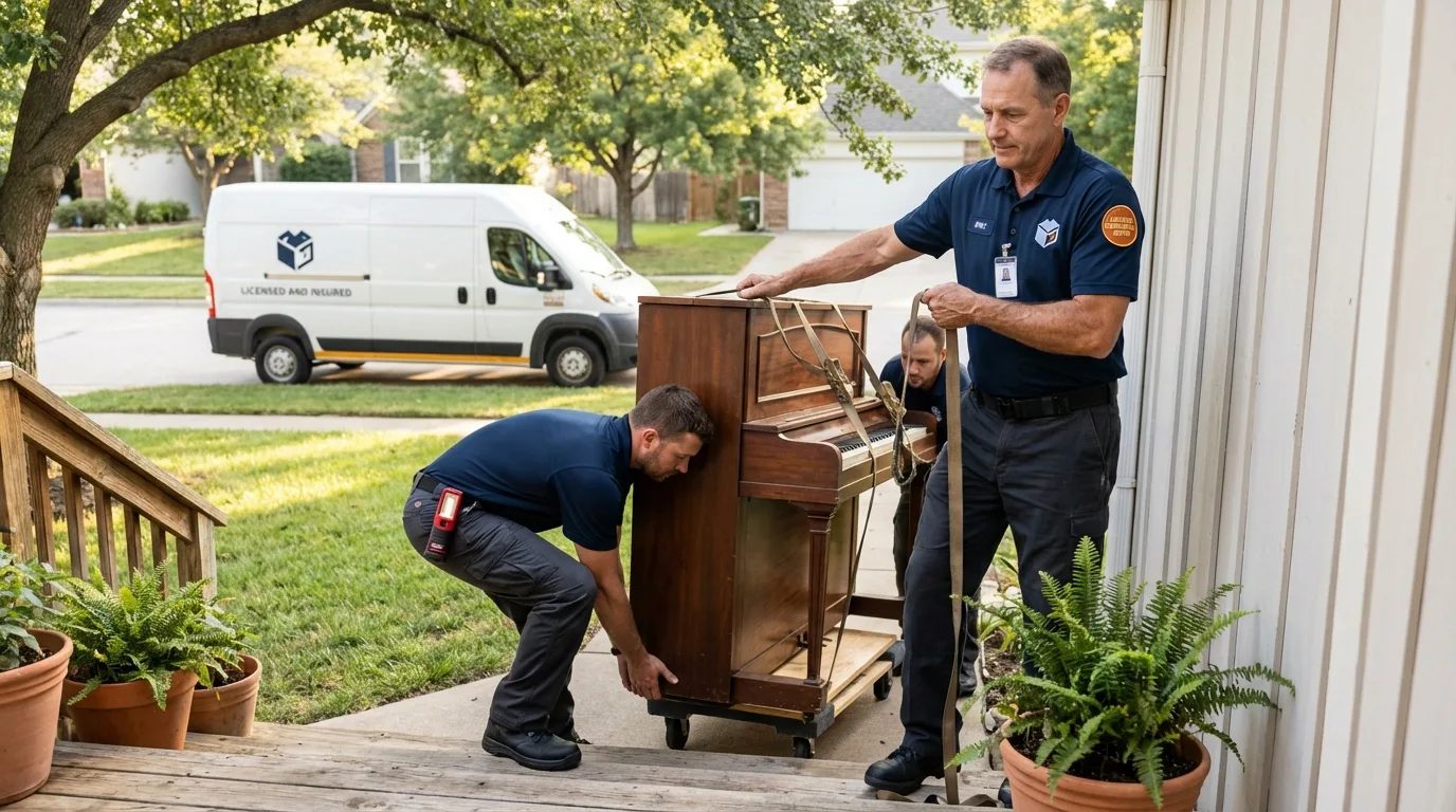 Licensed piano movers securing grand piano in Fort Gaines, GA