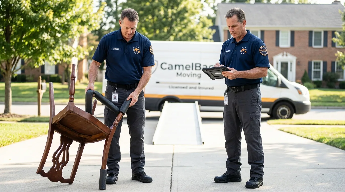 Movers inspecting furniture for damage prevention before loading in Fort Gaines, GA