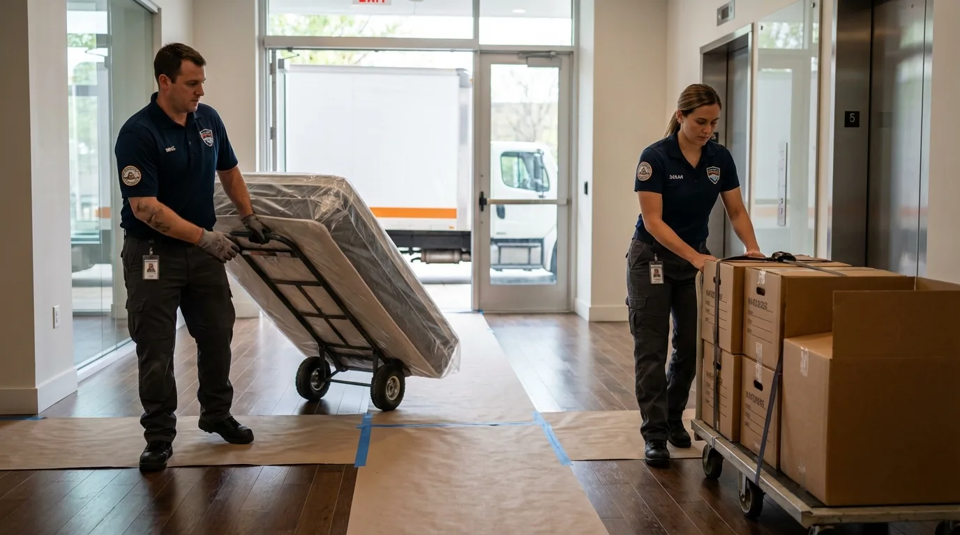 Professional apartment movers loading elevator in Fort Gaines, GA