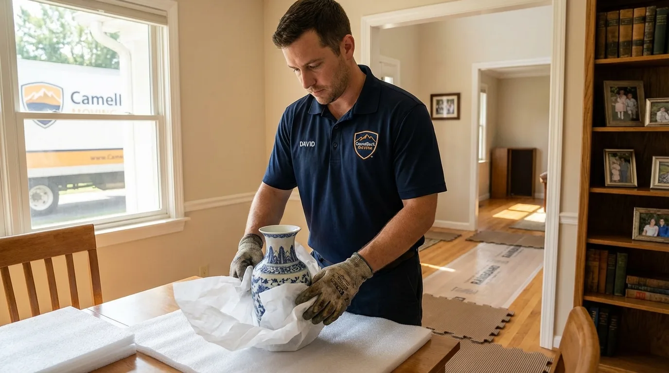 Professional crew carefully wrapping antique vase for senior downsizing move in Fort Gaines, GA